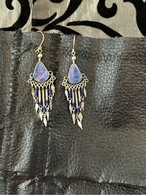 Artisan made Peruvian silver natural Blue stone dangle fringe Earrings